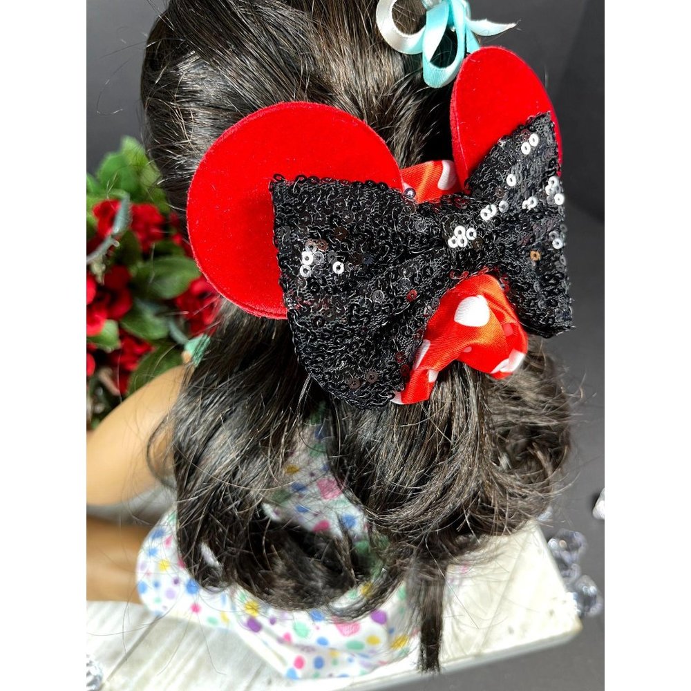 Minnie Mouse Velvet Red Ears With Sequins Black Bow Hair Scrunchies